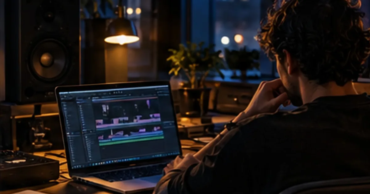 A producer at a night-time desk, listening back to a DAW session on a laptop before sending a track through a label demo portal.