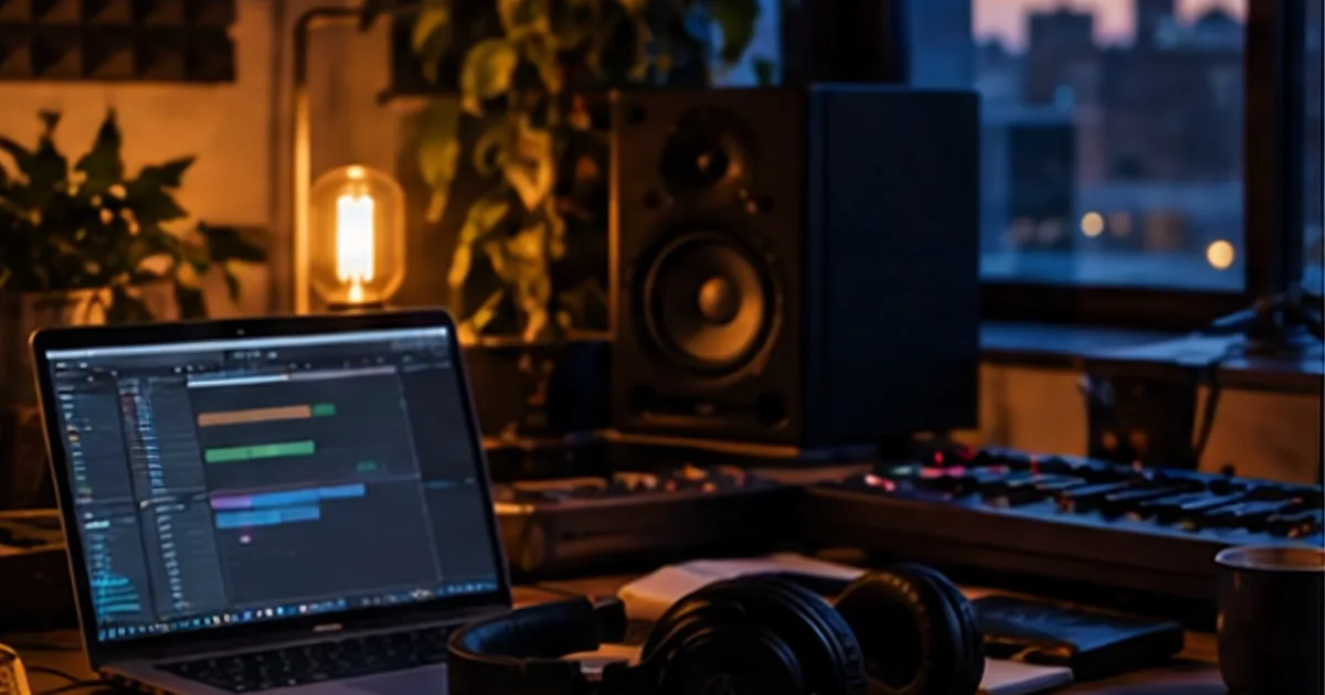 A late-night producer desk with a laptop showing a DAW, studio headphones, notebook, coffee cup and a monitor speaker.