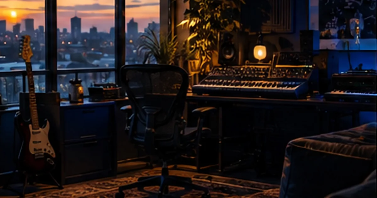 A home studio and label office at sunset, with a mixing desk, keyboard, chair and city skyline through the window.