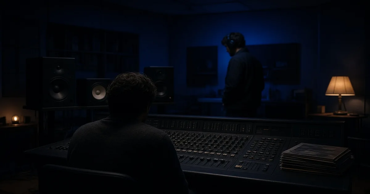 Two music professionals in a dim blue-lit studio, one seated at a mixing desk with vinyl sleeves, the other standing with headphones.