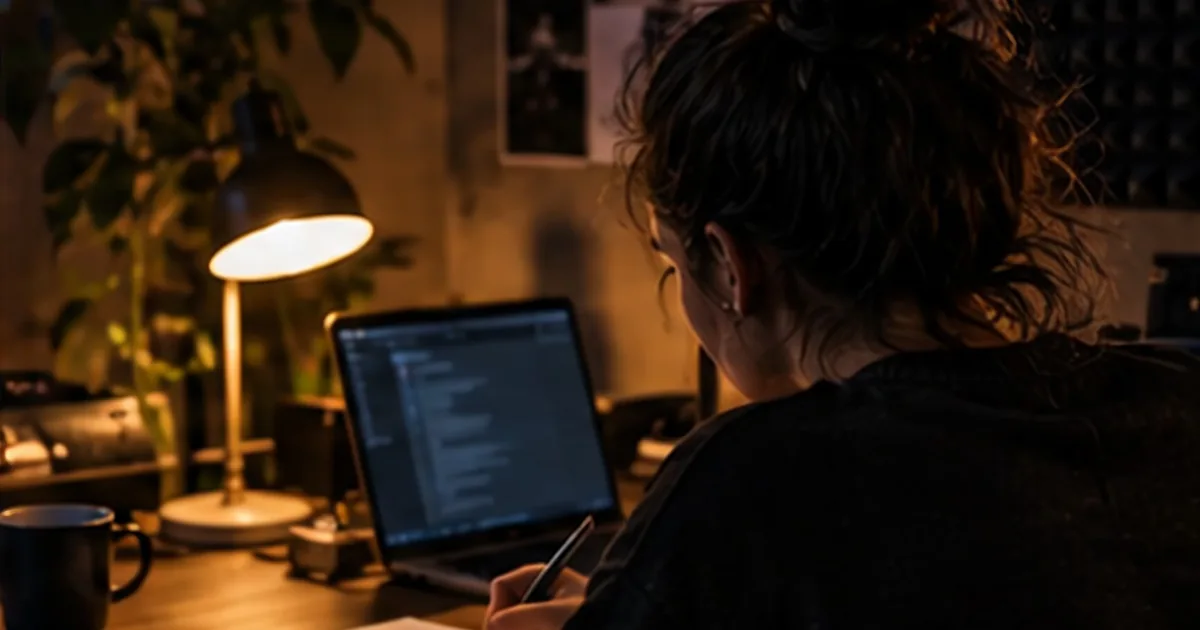 A label A&R at a lamp-lit desk, taking notes in a notebook beside a laptop used as a music CRM.