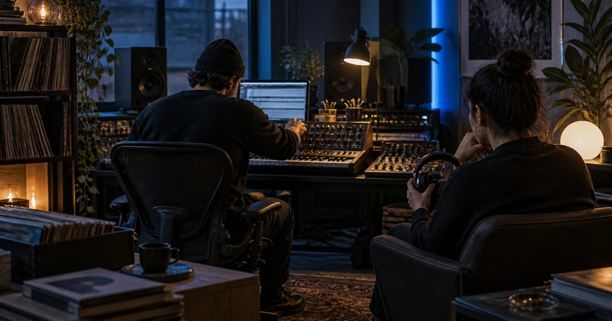 Two people listening to electronic music beside a synthesizer and mixing desk in a softly blue-lit recording studio.