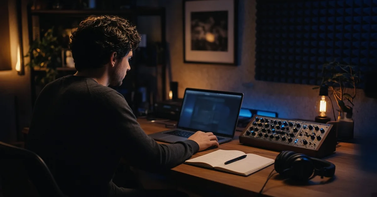 An electronic artist at a wooden desk with a synthesizer, laptop, notebook and studio headphones in warm and blue studio light.